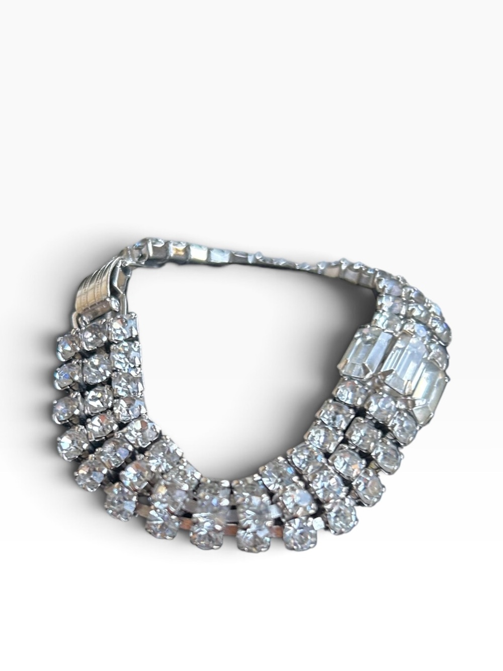 1960s Vintage Multi-row Rhinestone Bracelet with Striking Baguette Crystal
